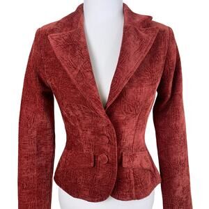 Vintage Tapestry Brocade Blazer Jacket Rust Red Fitted Button Career Peplum S